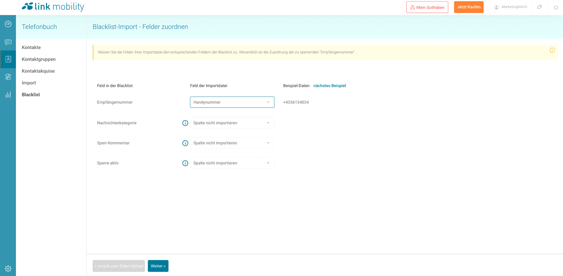 LINK Mobility - Feldzuordnung beim Import von Sperrlisten